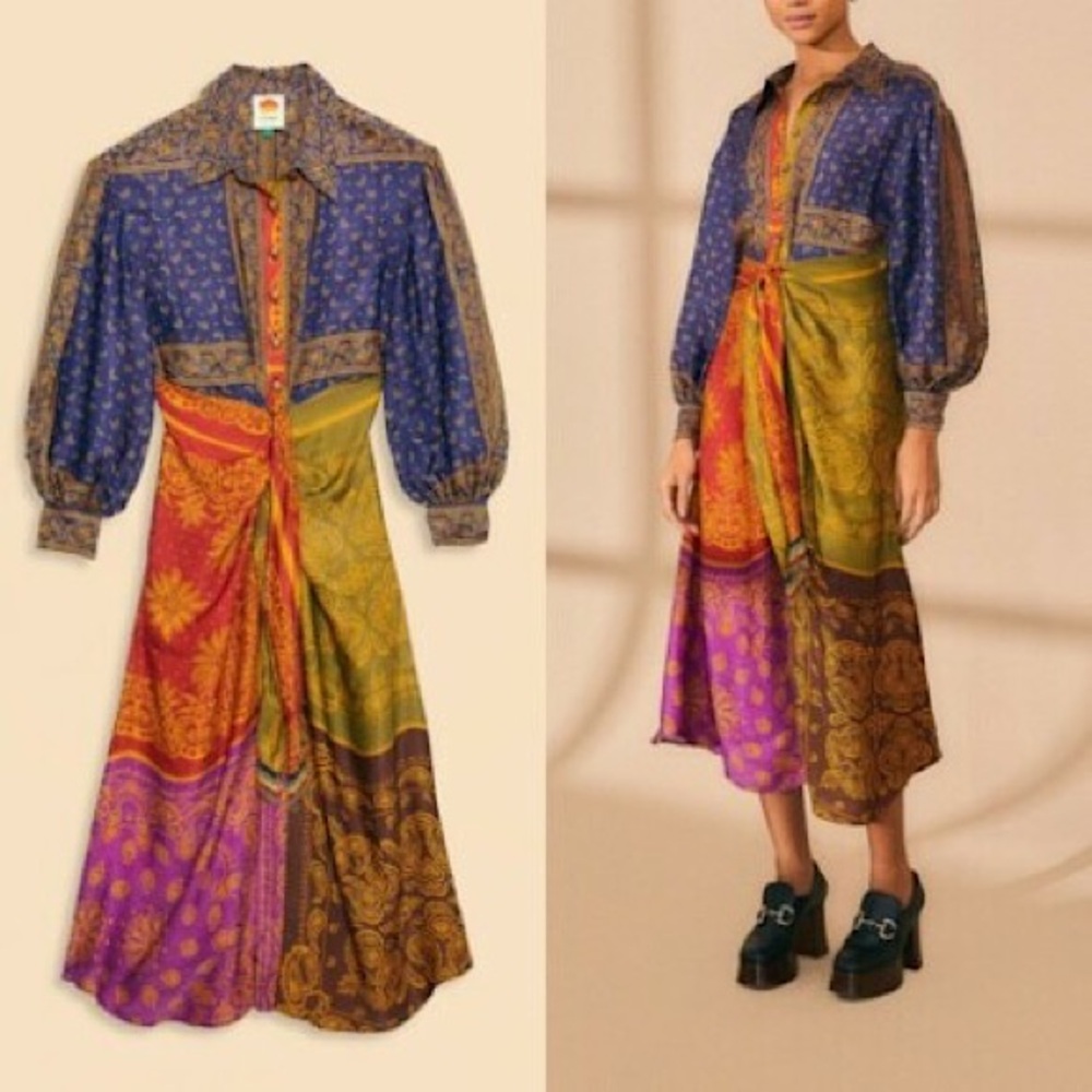 Farm Rio Bandana Dream Satin Shirt-Dress S